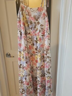 Lane Bryant Floral Tie-Shoulder Maxi Dress in White, Pink and Yellow